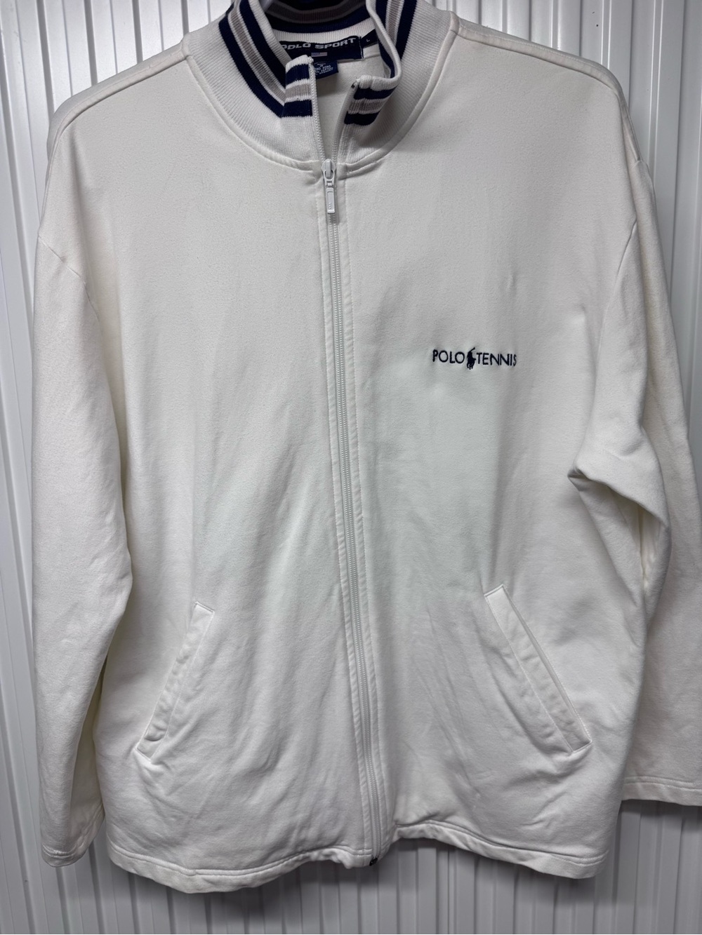 Vintage Polo Sport Tennis Jacket Ralph Lauren Ivory with Varsity Stripe collar